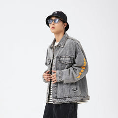 Unisex Jacket Washed Denim Jacket Printing Lapel Loose Overalls