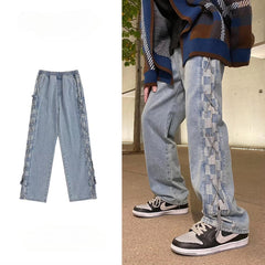 Men Jeans Checkerboard Plaid Jeans Men's Spring and Autumn Straight Loose Wide Leg Pants