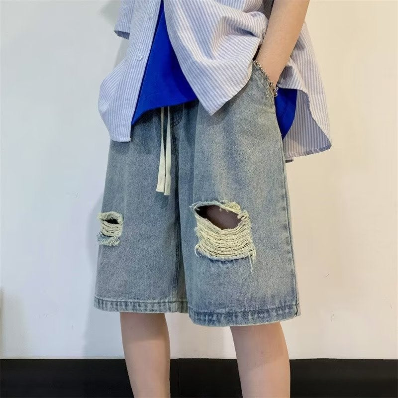 Men Jeans Light Blue Drawstring Ripped Denim Shorts Oversize