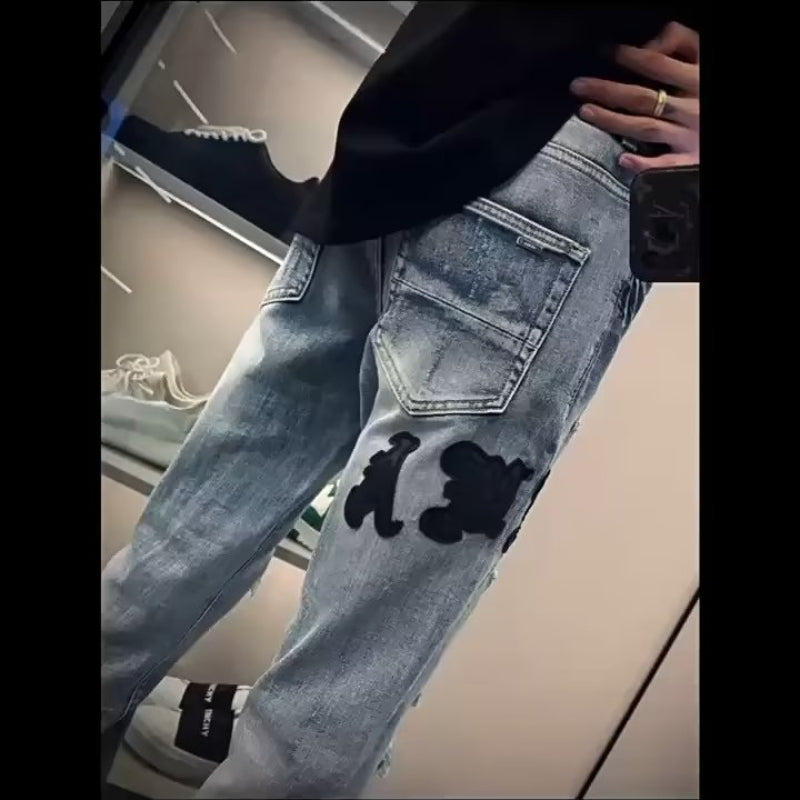 Men Jeans Washed Make Old Ripped Jeans Embroidered Slacks