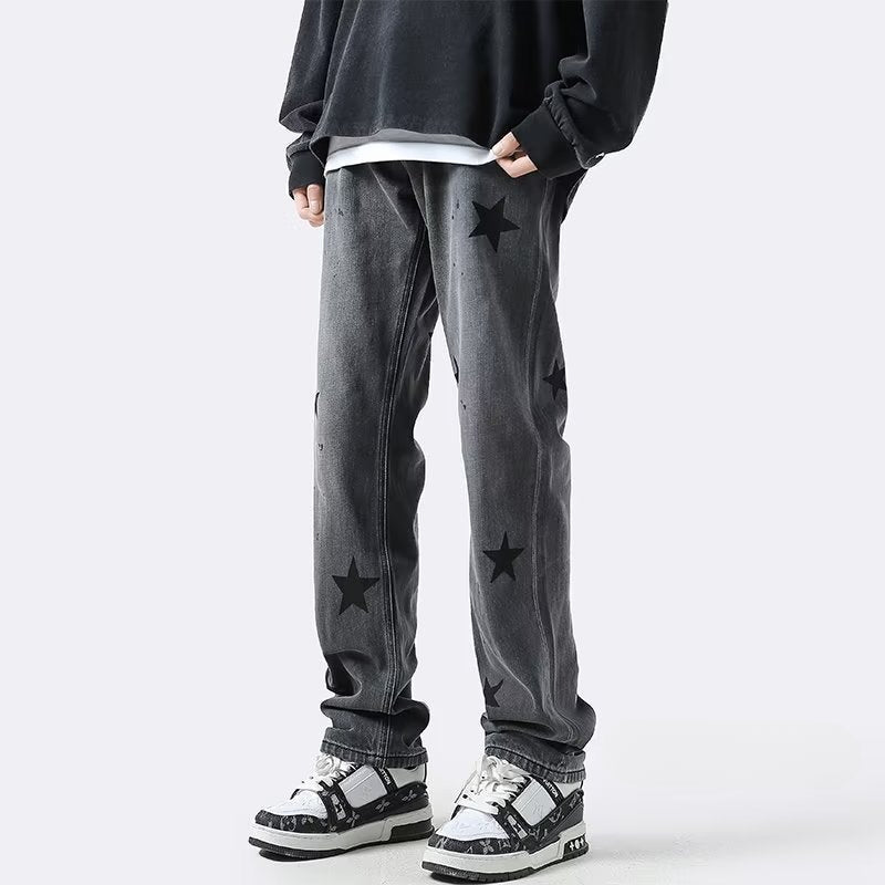 Men Jeans XINGX Printed Jeans Retro Loose Straight-Leg Wide-Leg Pants