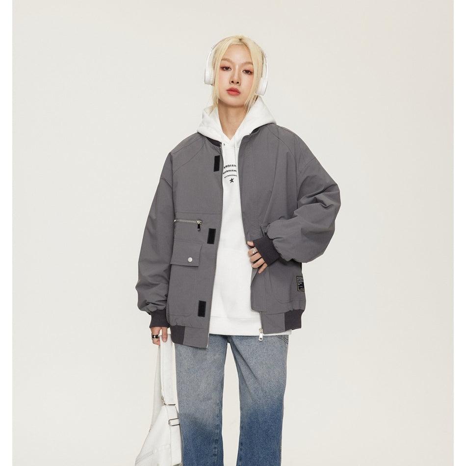 Unisex Jacket Loose Pockets Decorative Baseball Collar Jacket