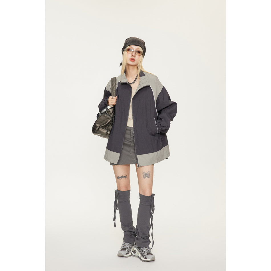 Unisex Jacket Retro Patchwork Contrast Color Sports Jacket Men and Women Same Style Loose Lapel Spring and Autumn Coat
