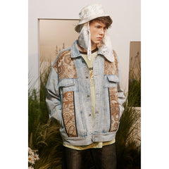 Unisex Jacket Vintage Paisley Stitching Washed Denim Jacket