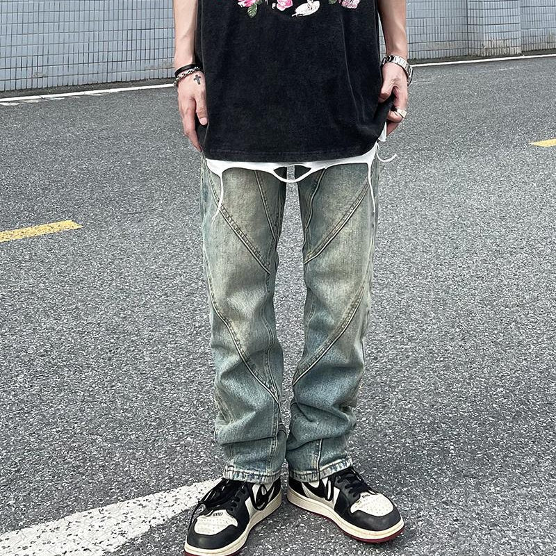 Men Jeans Washed Distressed Stitching Jeans Loose Straight Trousers