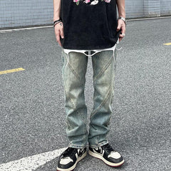 Men Jeans Washed Distressed Stitching Jeans Loose Straight Trousers