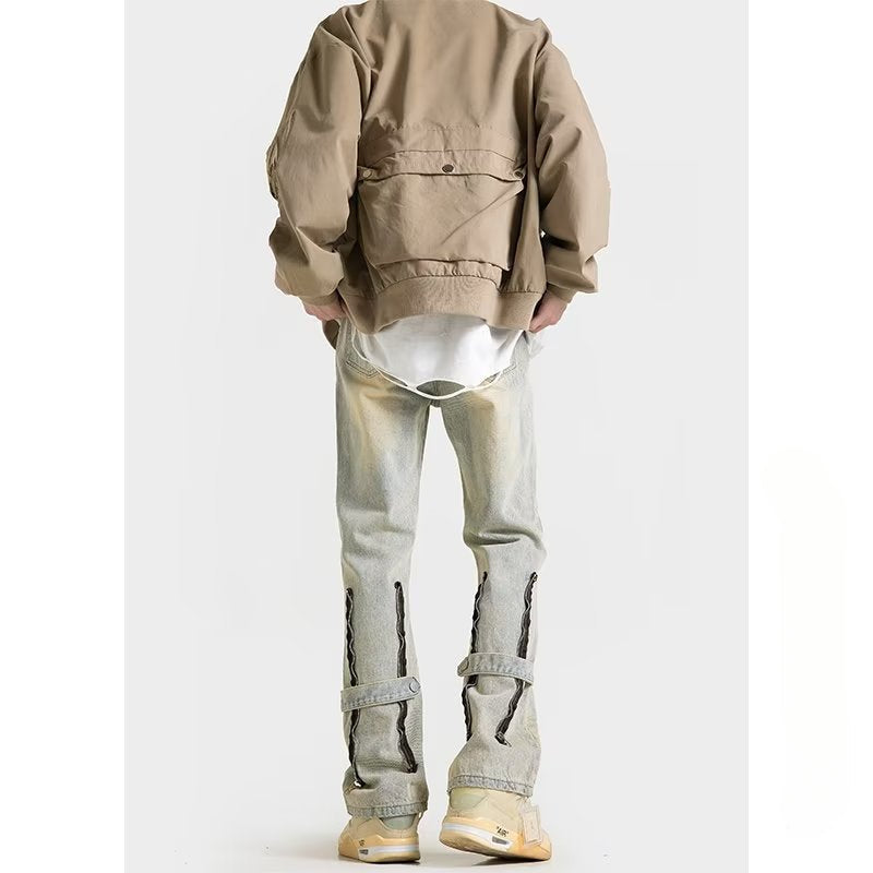 Men Jeans Spring Straight Casual Trousers Vintage Zipper Bootcut Trousers