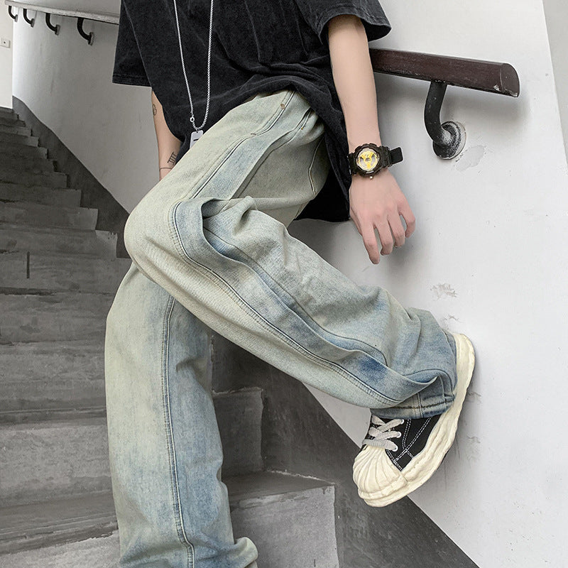 Men Jeans Retro Patchwork Jeans Men's Summer Straight-Leg Trousers