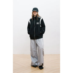 Unisex Jacket Retro Patchwork Coat Loose Lapel Sports Jacket