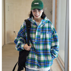 Unisex Jacket Vintage Casual Jacket Men's and Women's Couple Hooded Plaid Jacket