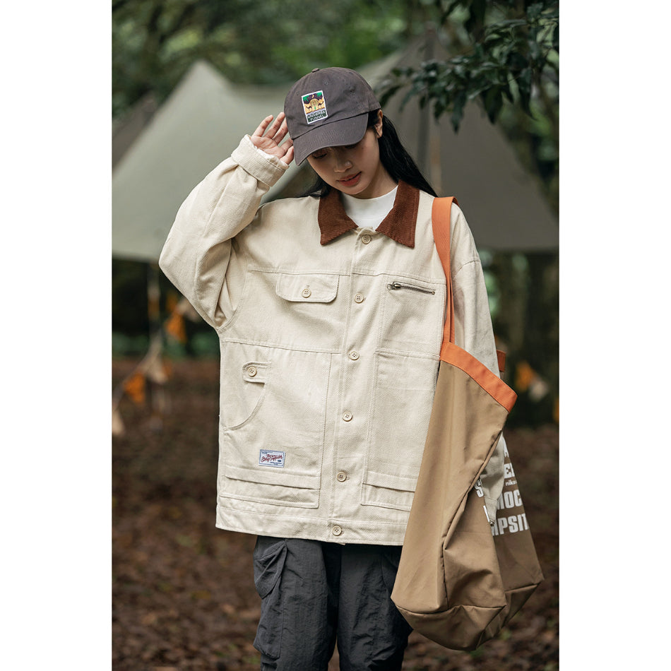 Unisex Jacket Retro Multi-Pocket Workwear Coat Loose Casual Polo Collar Jacket