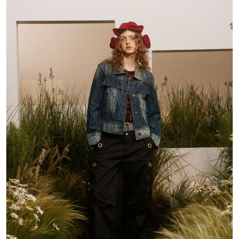 Unisex Jacket Vintage Top Washed Denim Jacket for Women Turn-down Collar Coat Spring and Autumn