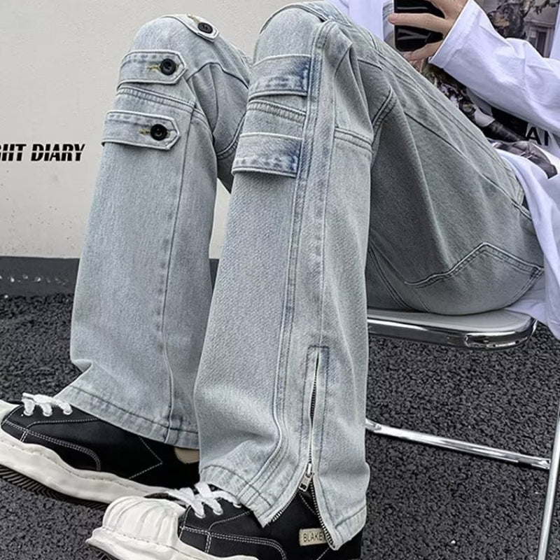 Men Jeans Skinny Jeans Zipper Split Straight-Leg Overalls