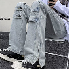 Men Jeans Skinny Jeans Zipper Split Straight-Leg Overalls