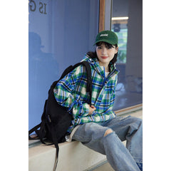 Unisex Jacket Vintage Casual Jacket Men's and Women's Couple Hooded Plaid Jacket