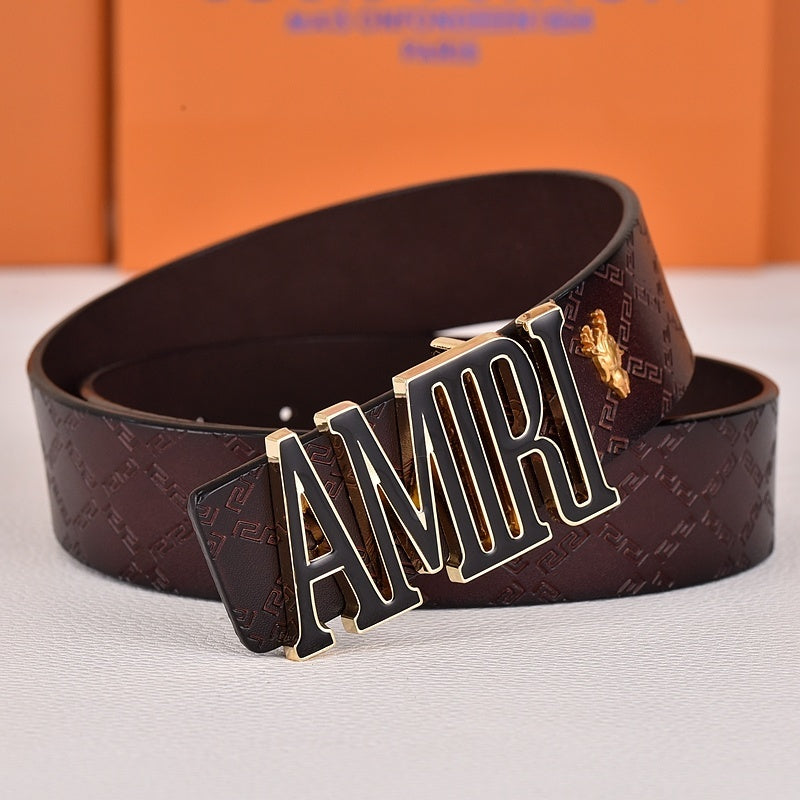 Amiri Belt dark brown cross grain Golden deer logo