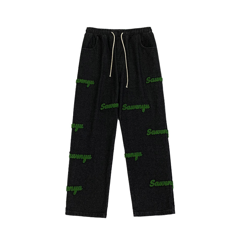 Men Jeans Flocking Embroidered Jeans Men's Spring and Autumn Loose Straight-Leg Wide-Leg Pants