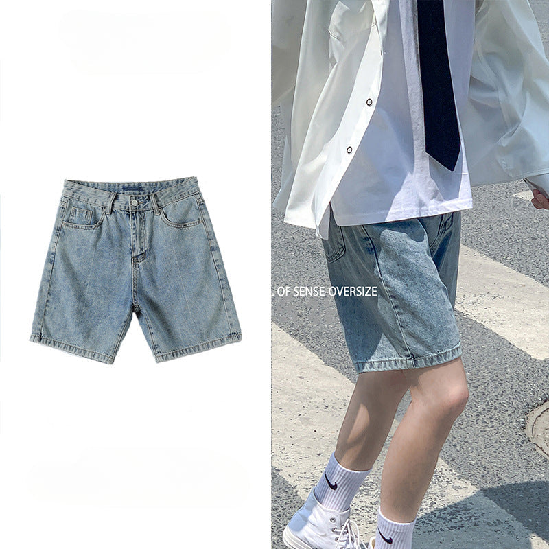 Men Jeans Denim Shorts Loose Retro Straight-Leg Pants Summer