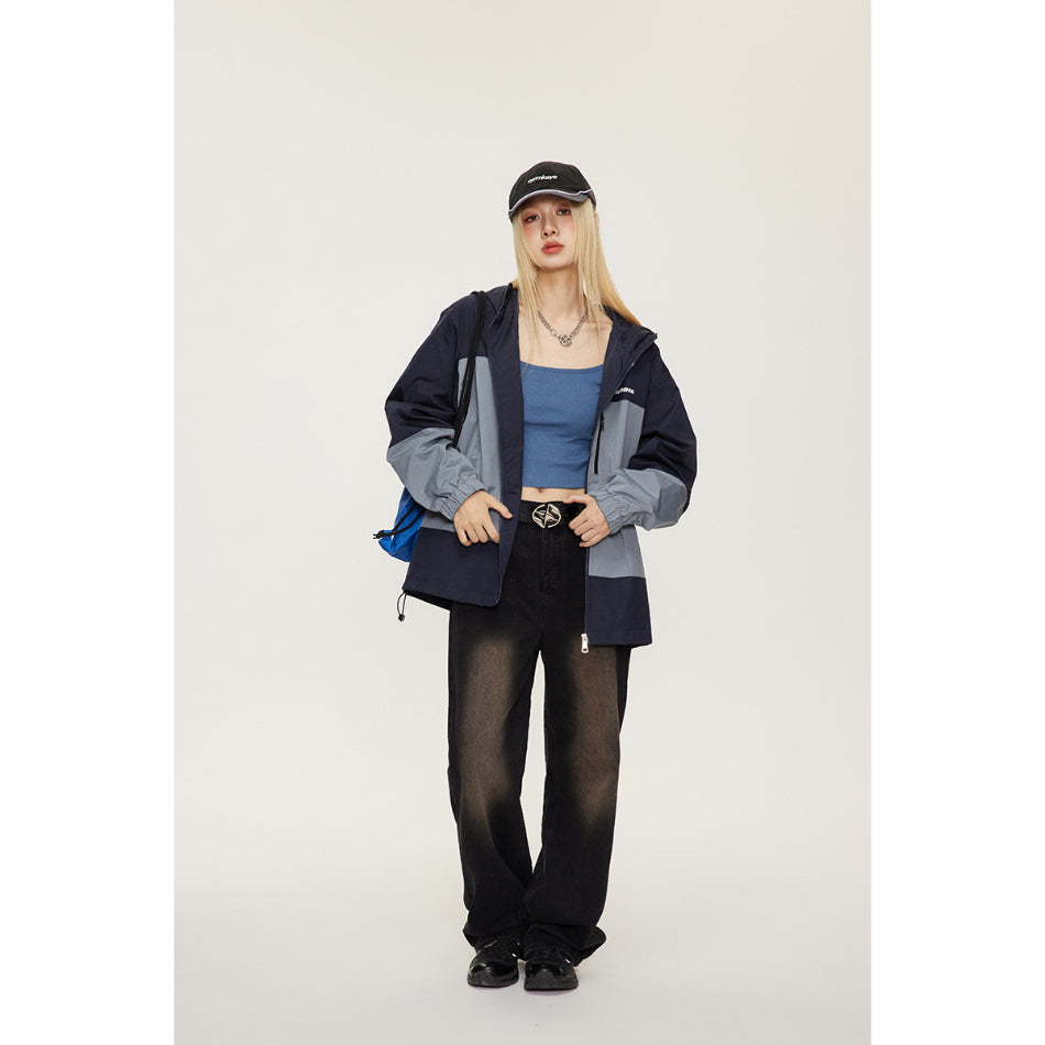 Unisex Jacket Retro Patchwork Contrast Color Shell Jacket Baggy Casual Jacket