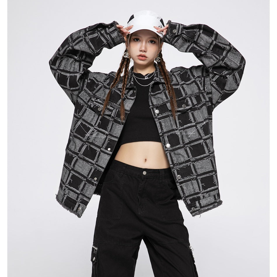 Unisex Jacket Vintage Plaid Denim Jacket for Men and Women Baggy Coat