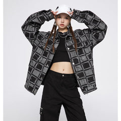 Unisex Jacket Vintage Plaid Denim Jacket for Men and Women Baggy Coat