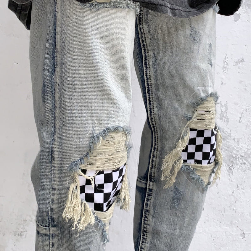 Men Jeans Summer Water Washed Hole Jeans Patch Plaid Pants
