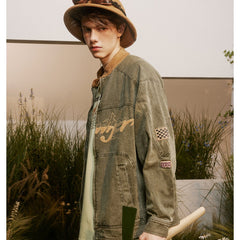 Unisex Jacket Vintage Racing Stand Collar Denim Jacket Spring and Autumn Coat Motorcycle Jacket