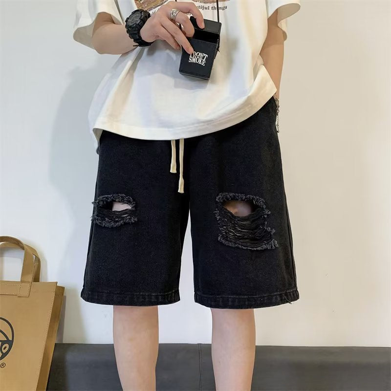 Men Jeans Light Blue Drawstring Ripped Denim Shorts Oversize