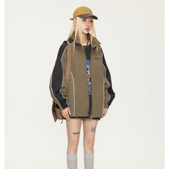 Unisex Jacket Vintage V Contrast Color Stand-up Collar Sports Jacket Men's and Women's Coats