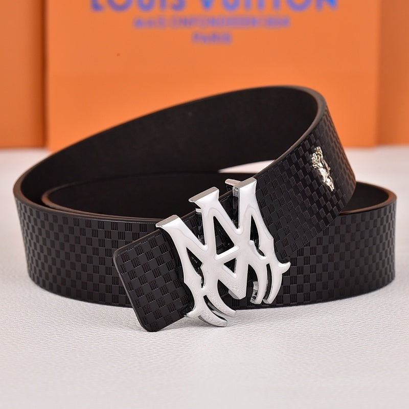 Amiri Belt Black small checkered pattern Golden deer logo