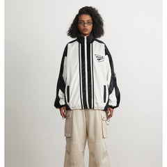 Unisex Jacket Vintage Sports Jacket Men's and Women's Loose Black and White Patchwork Stand-up Collar Coat