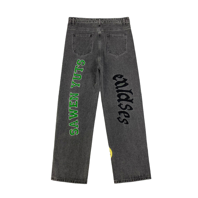 Men Jeans Embroidered Jeans Straight Oldschool Trousers