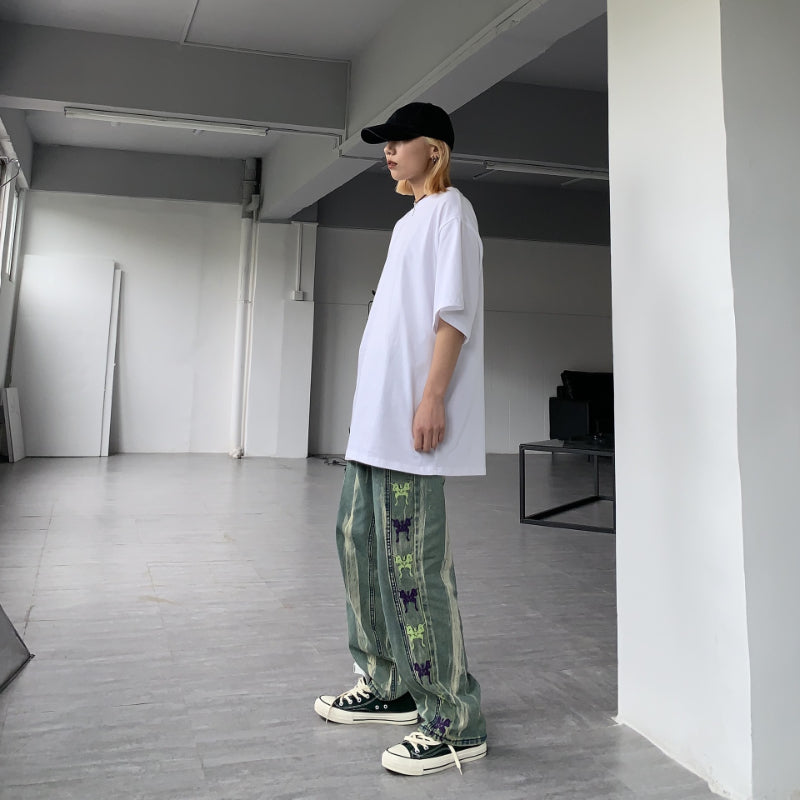 Men Jeans Retro Gradient Butterfly Embroidery Loose Washed-out Straight Wide Leg Pants