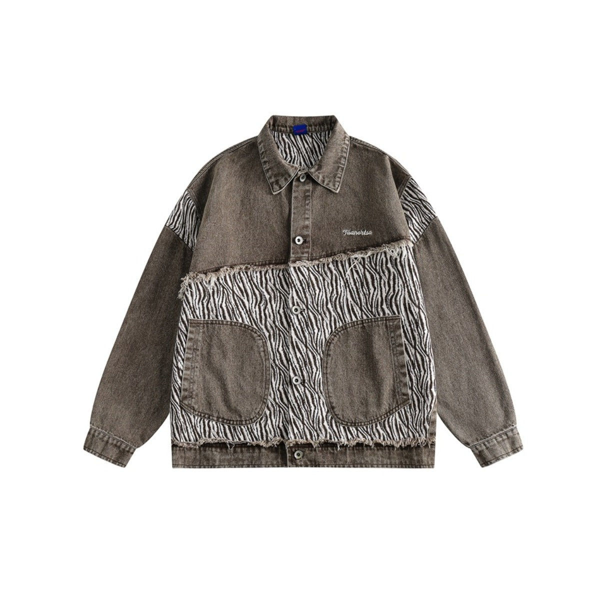 Unisex Jacket Vintage Zebra Pattern Stitching Washed Turn-down Collar Coat