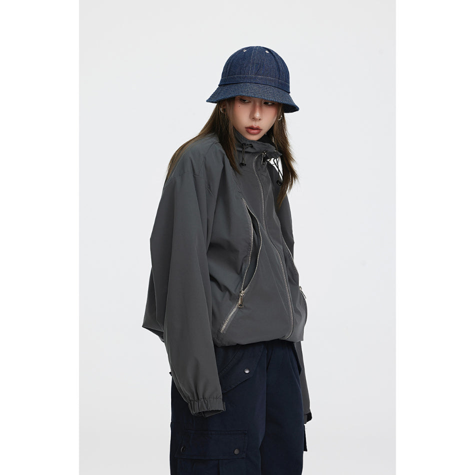 Unisex Jacket Vintage Zipper Stand Collar Coat for Men and Women Same Style Loose-Fitting Workwear Jacket