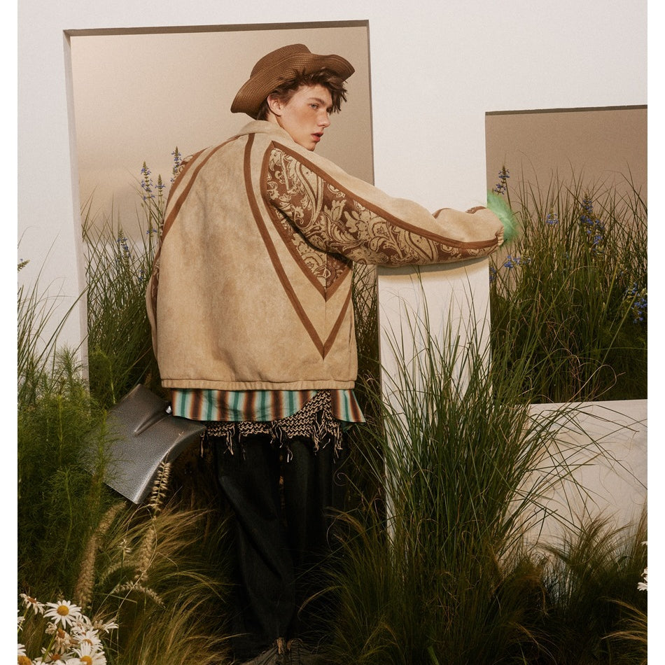 Unisex Jacket Autumn Retro Patchwork Jacket Men's and Women's Stand Collar Coat