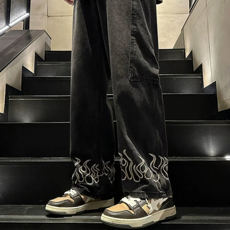 Men Jeans Embroidered Flame Jeans Baggy Straight Trousers