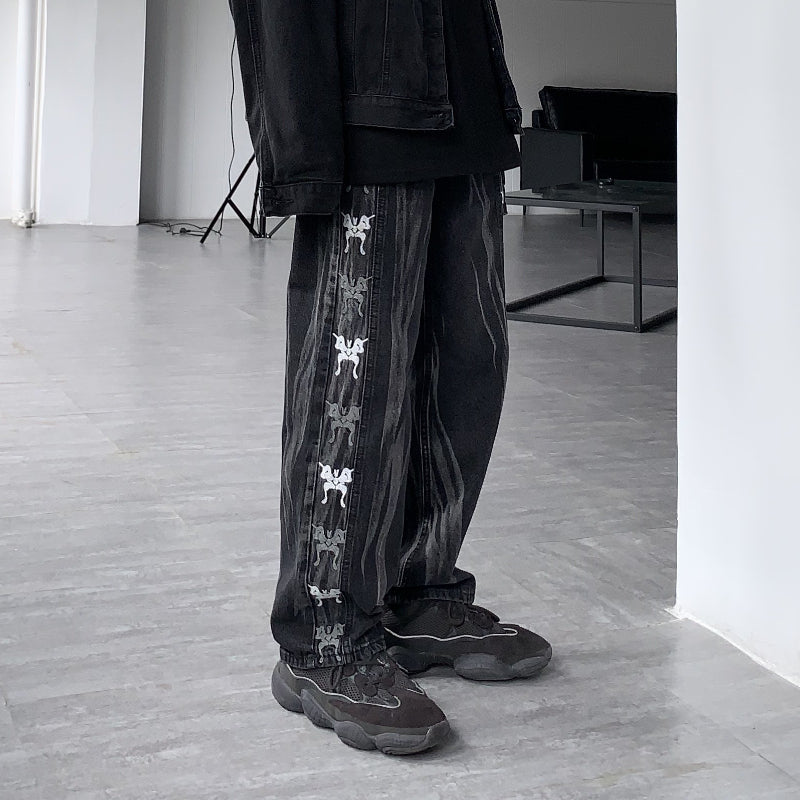 Men Jeans Retro Gradient Butterfly Embroidery Loose Washed-out Straight Wide Leg Pants