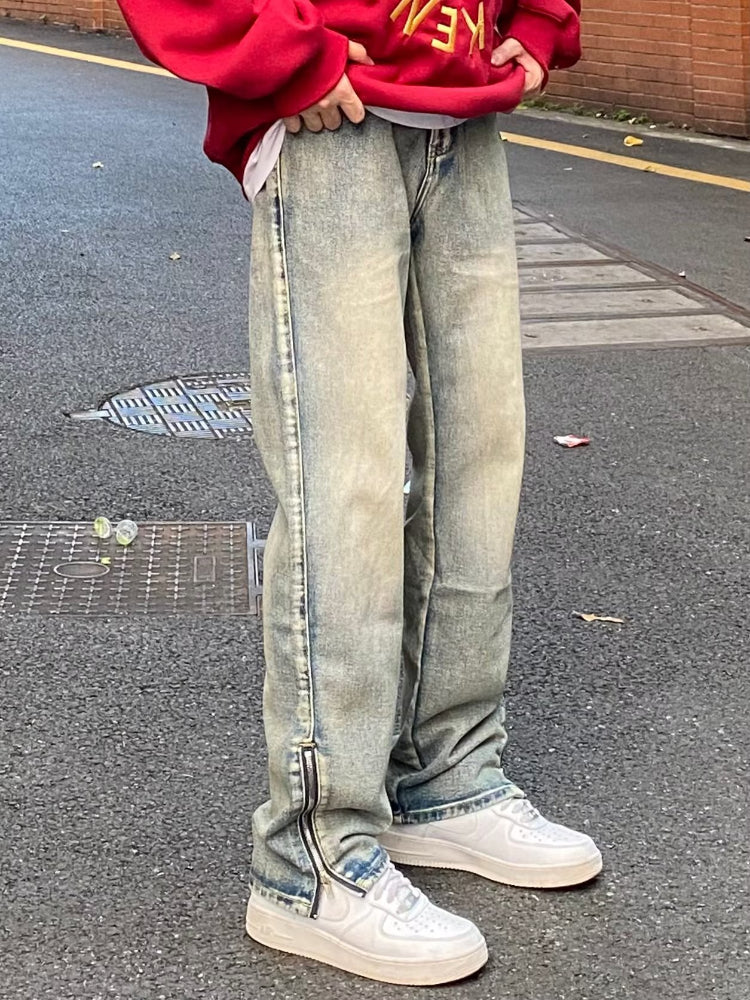 Men Jeans Washed Zipper Jeans Spring and Autumn Vintage Casual Loose Trousers