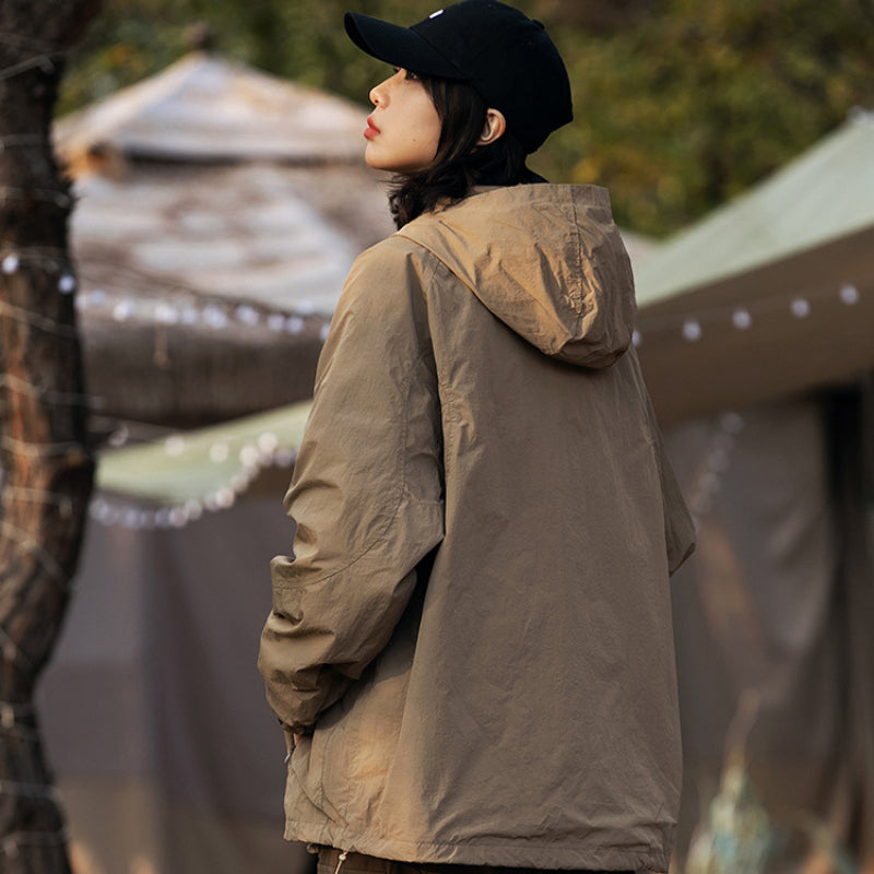 Unisex Jacket Retro Nylon Hooded Jacket Men's and Women's Mechanical Style Jacket Coat