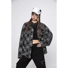 Unisex Jacket Vintage Plaid Denim Jacket for Men and Women Baggy Coat