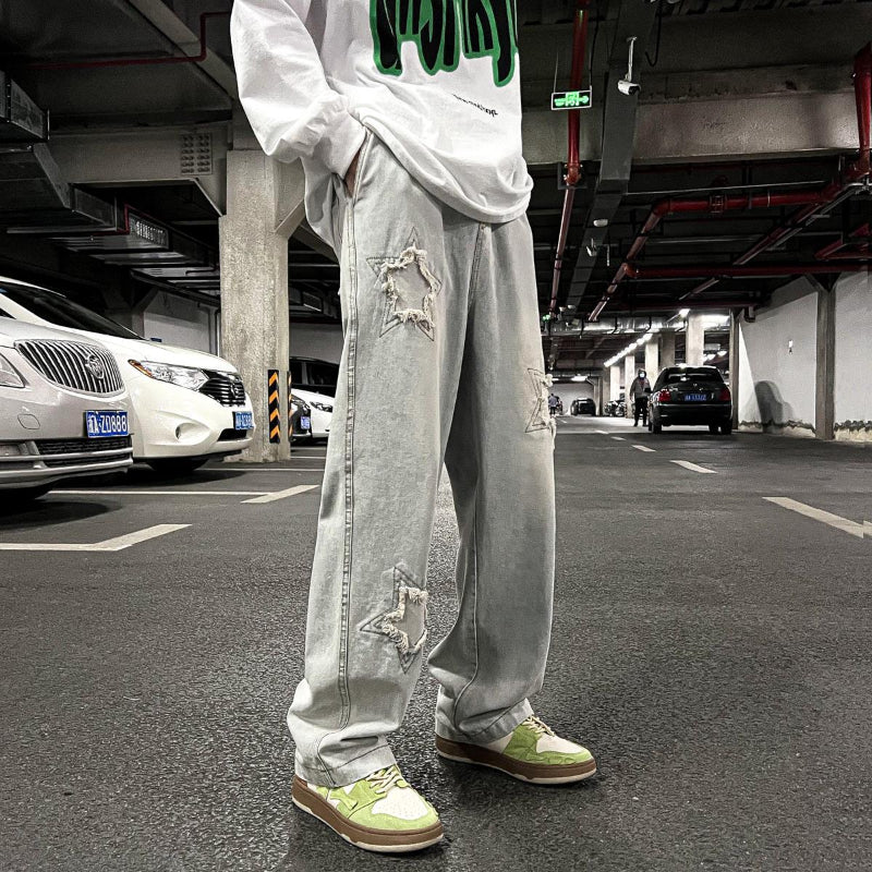 Men Jeans Summer Broken Loose Straight-Leg Wide-Leg Pants