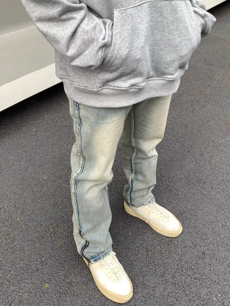 Men Jeans Vintage Slim Jeans Men Zipper Slit Loose Straight-Leg Pants