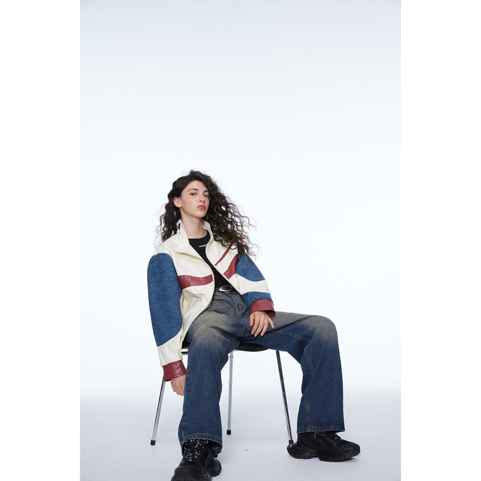 Unisex Jacket Retro Patchwork Jacket Loose PU Leather Coat