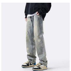 Men Jeans XINGX Printed Jeans Retro Loose Straight-Leg Wide-Leg Pants