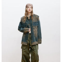 Unisex Jacket Denim Men's and Women's Washed Distressed Retro Workwear Stand Collar Jacket