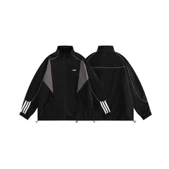 Unisex Jacket Vintage Sports Top Stitching Jacket Men and Women Loose Stand Collar Coat