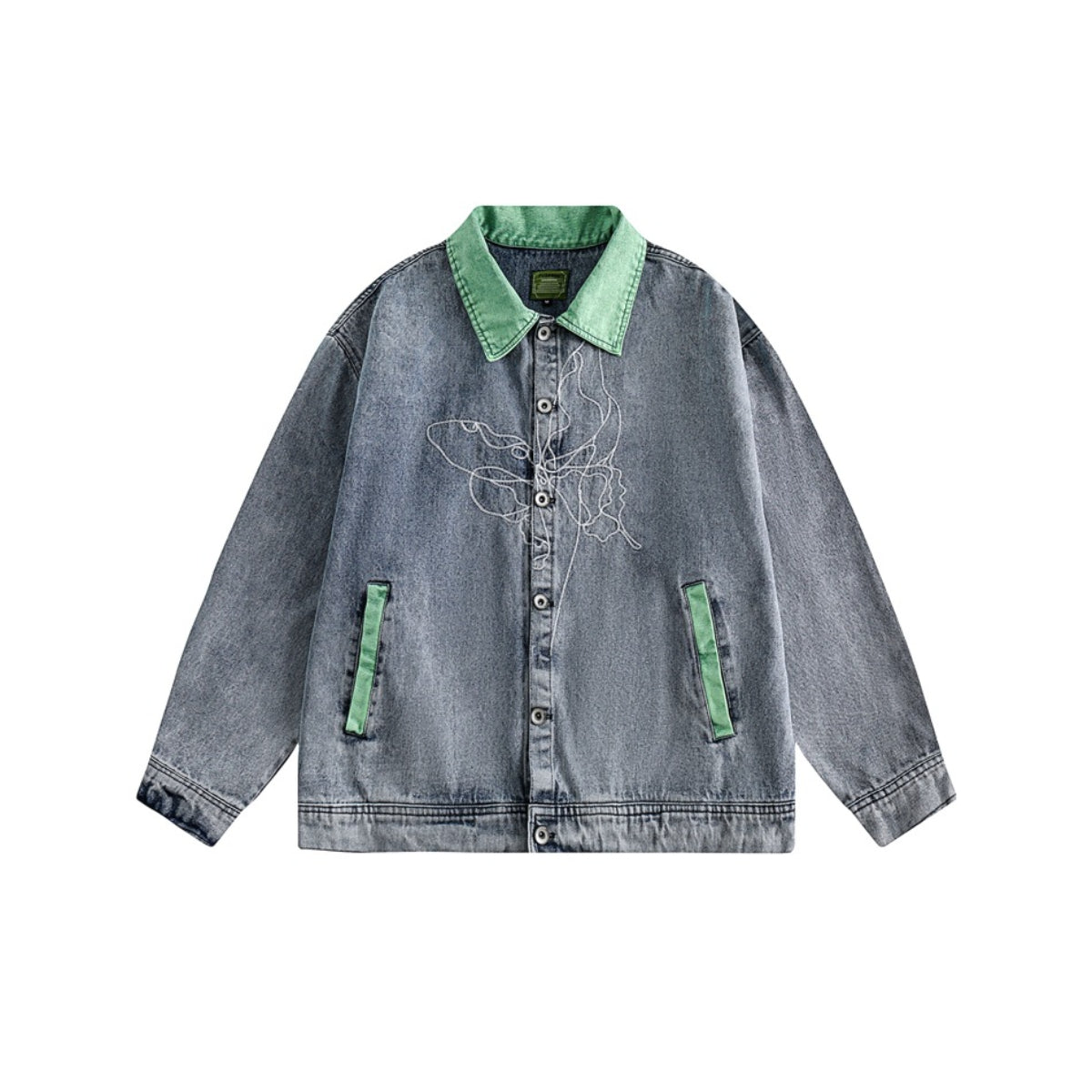 Unisex Jacket Vintage Butterfly Embroidered Washed Denim Jacket for Men and Women Turn-down Collar Coat