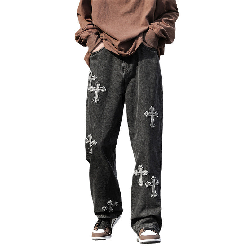 Men Jeans Cross Labeling Vintage Jeans Autumn Leisure Straight-Leg Pants