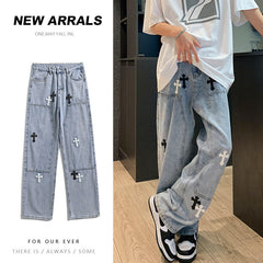 Men Jeans Cross Labeling Jeans Men's Loose Straight Casual Pants